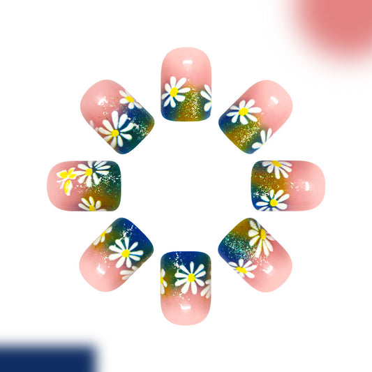Floral Fantasy Extra Short Square Pink with Ombre Gradient and Daisy Design Press-On Nail Set
