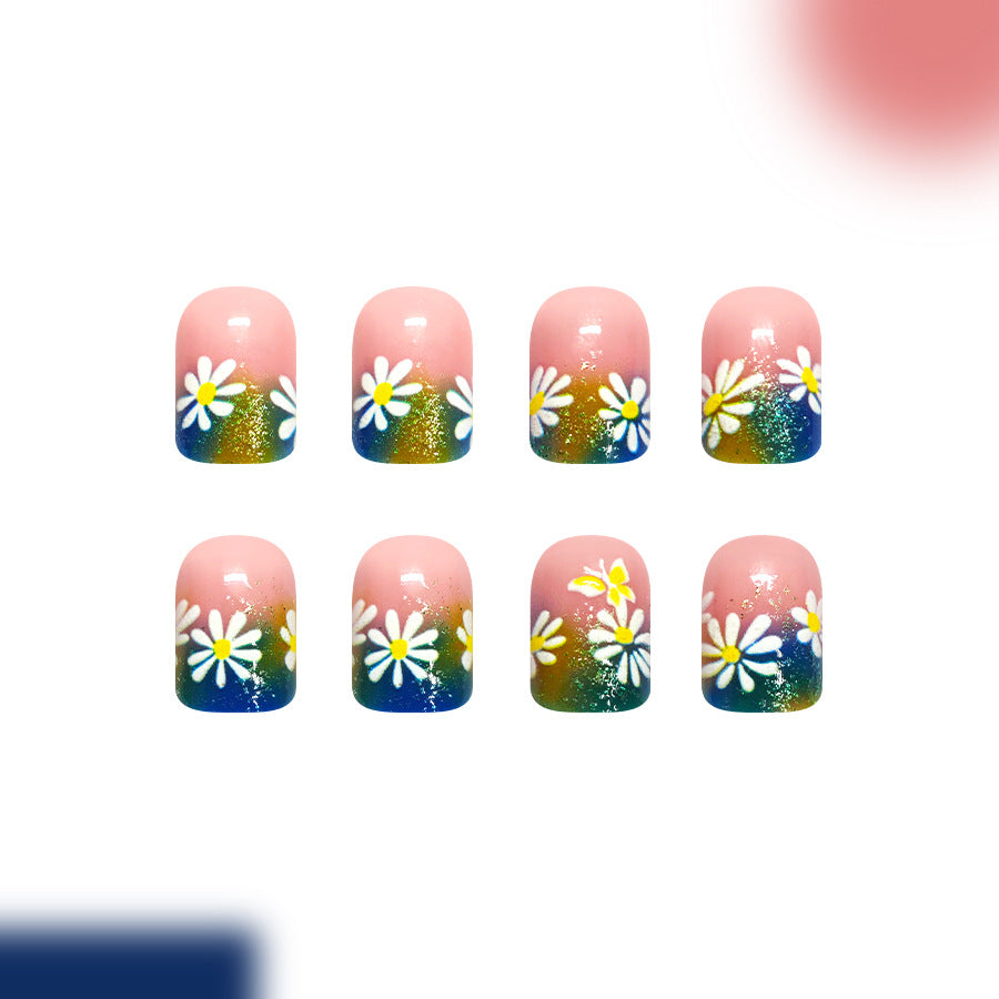 Floral Delight Short Square Pink and Green Ombre Press On Nail Set with Whimsical Daisy Design