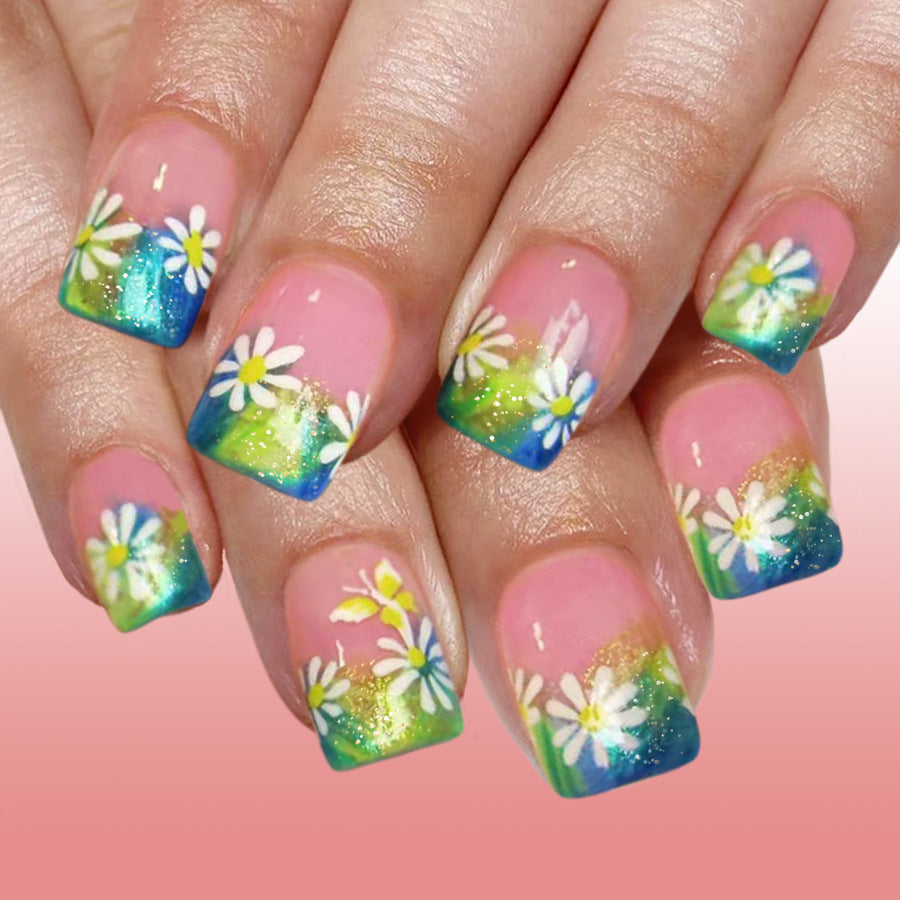 Garden Bliss Medium Square Press On Nails in Pastel Green and Blue with Charming Flower Accents