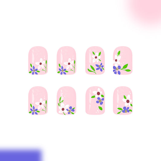 Floral Garden Dream Pink Short Square Press On Nail Set with Whimsical Blossom Designs