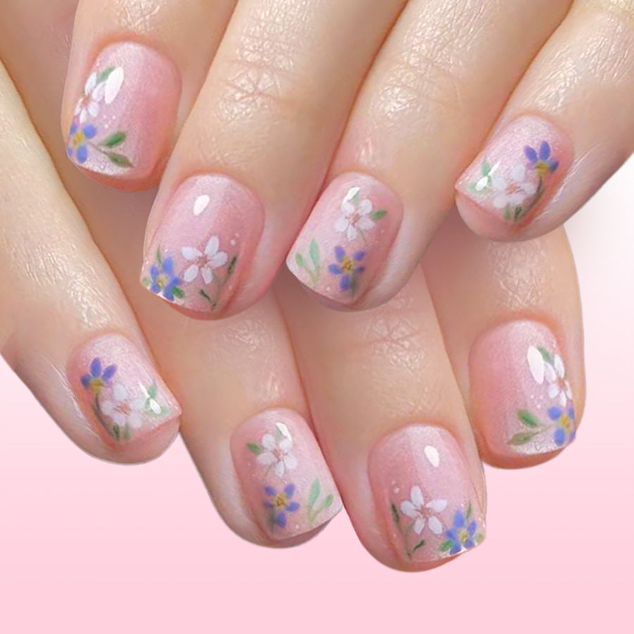 Whimsical Floral Dreams Pink Short Square Press On Nail Set with Delicate Hand Painted Flower Design