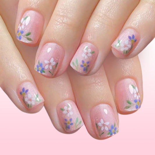Whimsical Floral Dreams Pink Short Square Press On Nail Set with Delicate Hand Painted Flower Design