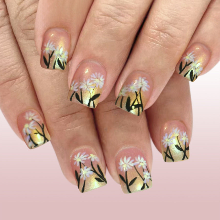 Charming Garden Medium Square Transparent Floral Design with Shimmering Gold Accents Press-On Nail Set