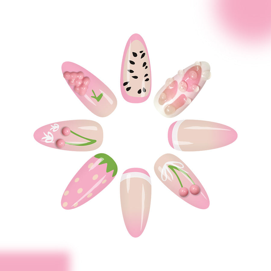 Sweet Berry Blossom Long Almond Pink Press On Nail Set with Whimsical Fruit Designs
