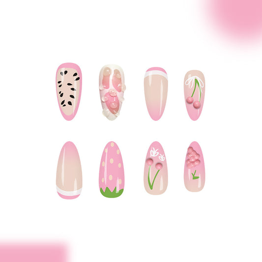 Sweet Blossom Charming Long Almond Pink Nail Set with Unique Texture Detail