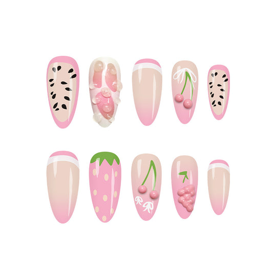 Fruit Festival Dreamy Long Almond Pink Press On Nail Set with Eye-Catching Fruit Designs