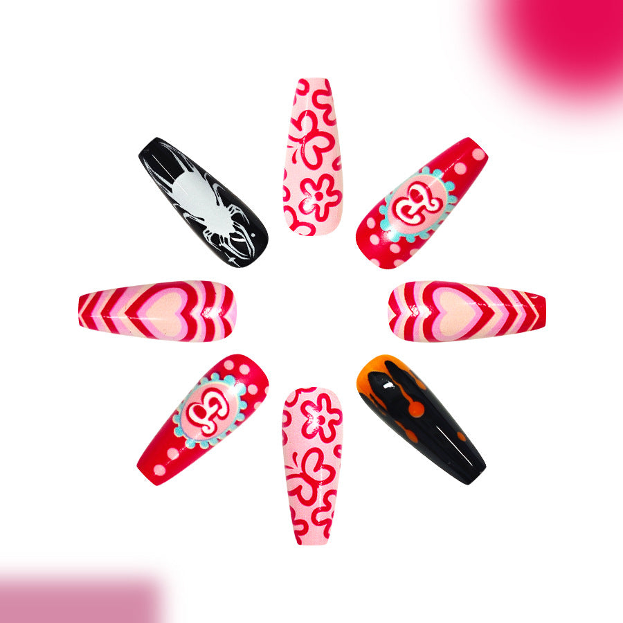 Romantic Floral Elegance Long Coffin Red and Black Nail Set with Unique Artistic Designs