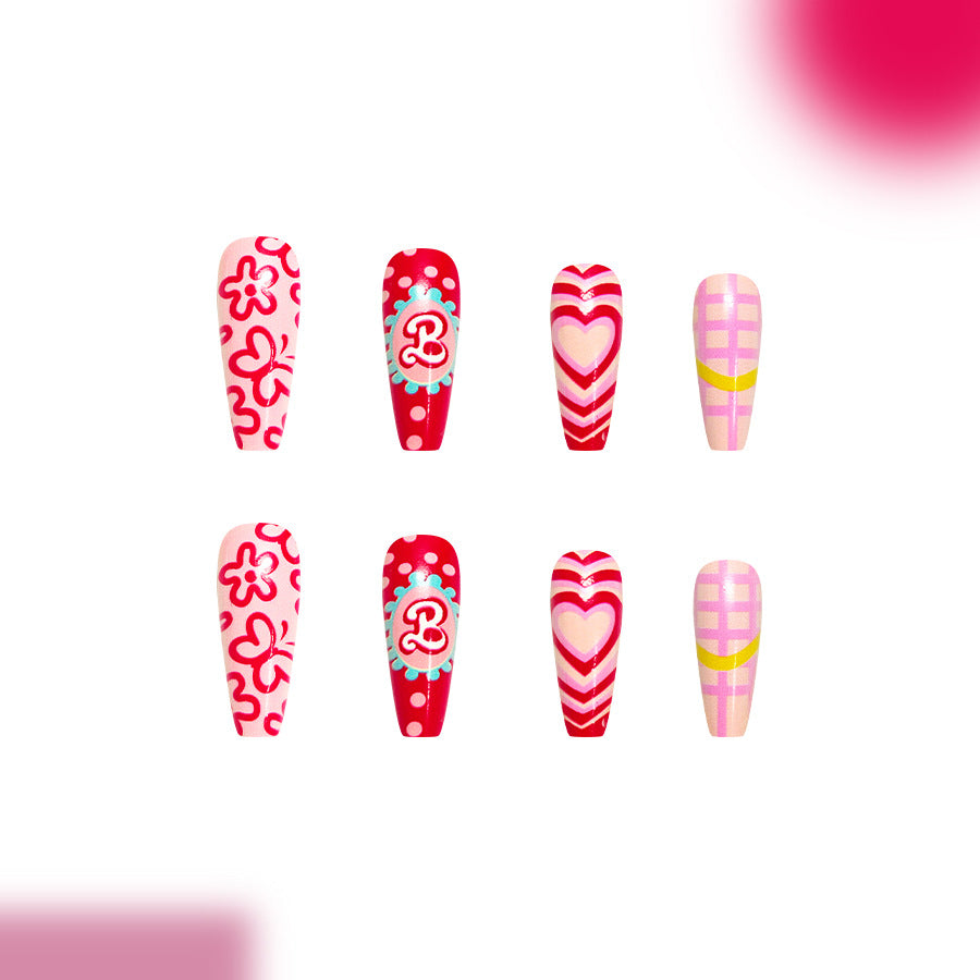 Sweetheart Dreams Long Coffin Red and Pink Floral and Heart Patterned Press-On Nail Set