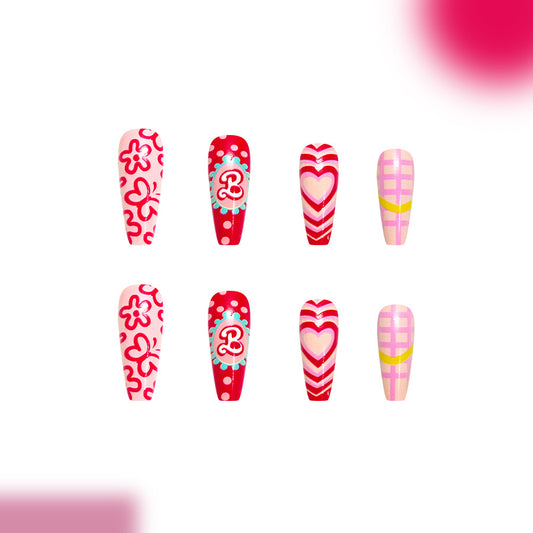 Sweetheart Dreams Long Coffin Red and Pink Floral and Heart Patterned Press-On Nail Set