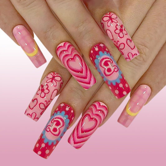 Romantic Pink Long Square Shaped Press On Nail Set with Unique Heart and Floral Designs