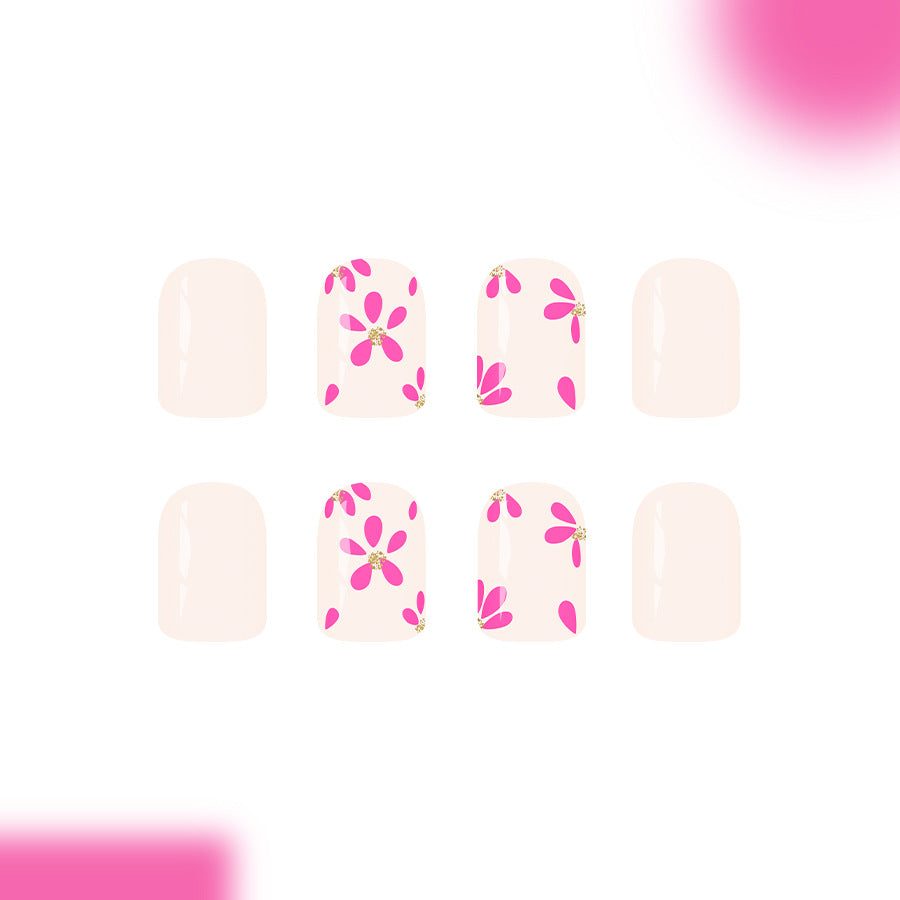 Floral Fantasy Short Square Glossy Pink Flower Press On Nail Set