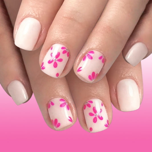 Floral Fantasy Square Short Pink With Embellished Blossom Design Press On Nail Set