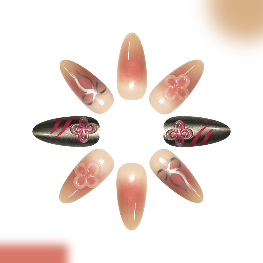 Petal Dream Press on Nail Set Long Almond Pink Gradient with Floral and Geometric Accents