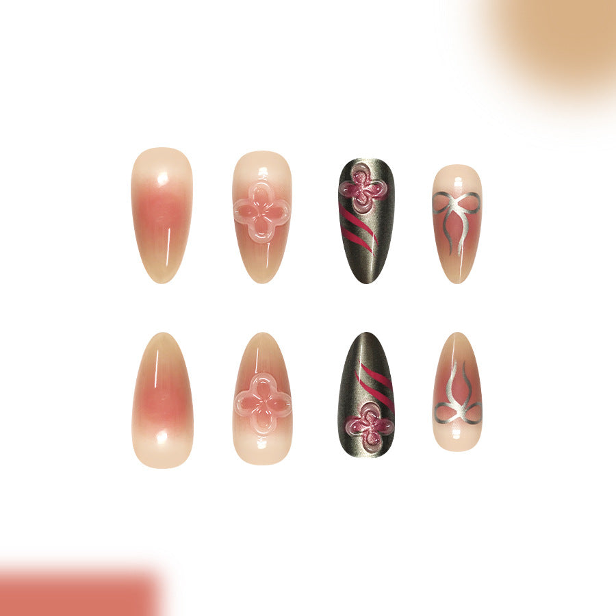 Blossom Elegance Long Almond Gradient Pink and Noir Floral Accent Press On Nail Set