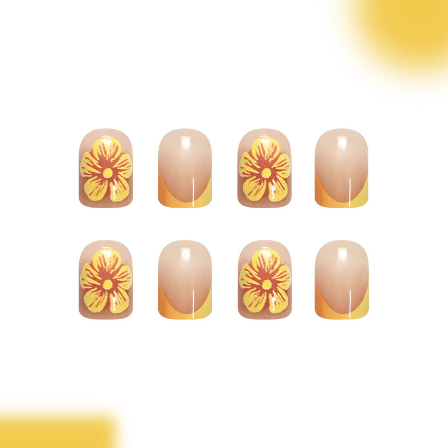 Tropical Blossom Short Square Press On Nail Set in Beige Yellow and Floral Design