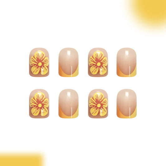 Tropical Blossom Short Square Press On Nail Set in Beige Yellow and Floral Design