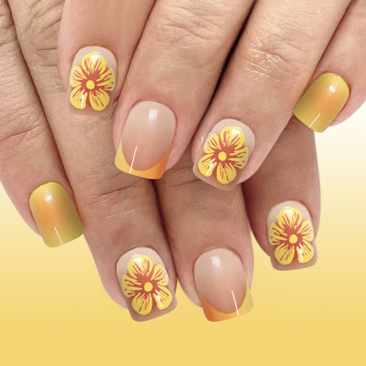 Tropical Sunshine Short Square Press On Nail Set in Warm Yellow with Floral Accents