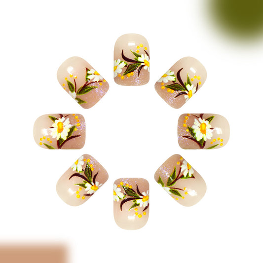 Garden Bliss Charming Short Square Soft Pink Nails with Floral Designs