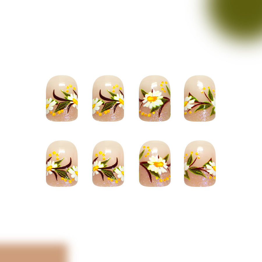 Floral Elegance Short Square Beige with Intricate Flower Design Press On Nail Set