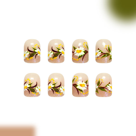 Floral Elegance Short Square Beige with Intricate Flower Design Press On Nail Set