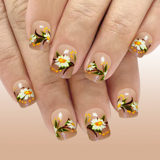 Blossom Serenity Short Square Beige Floral Design Press On Nail Set