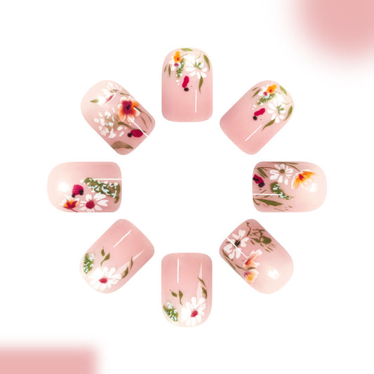 Floral Garden Soft Pink Short Square Press On Nail Set with Delicate Hand-Painted Designs