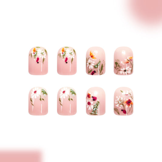 Whimsical Garden Short Square Blush Pink Floral Press On Nails with Vibrant Nature-Inspired Art