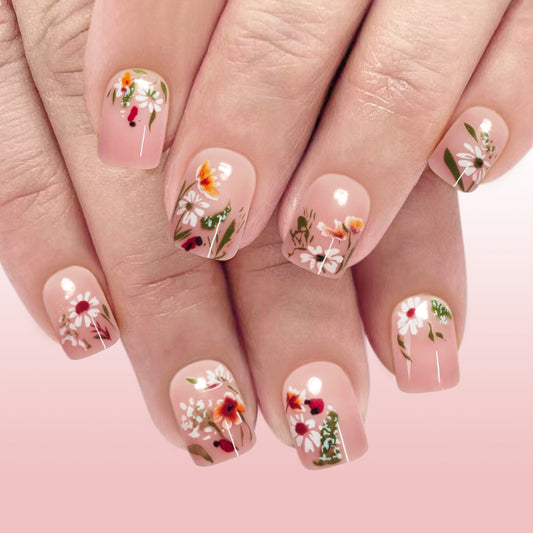 Floral Serenity Short Square Pink Press On Nail Set with Elegant Botanical Design