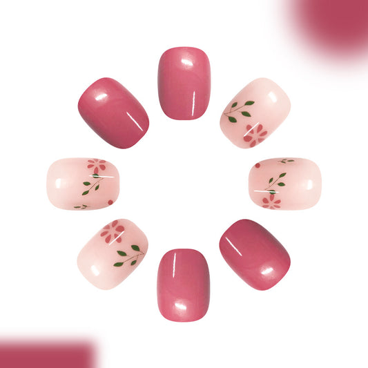 Blossom Inspiration Short Squoval Glossy Pink Press-On Nail Set with Delicate Floral Designs
