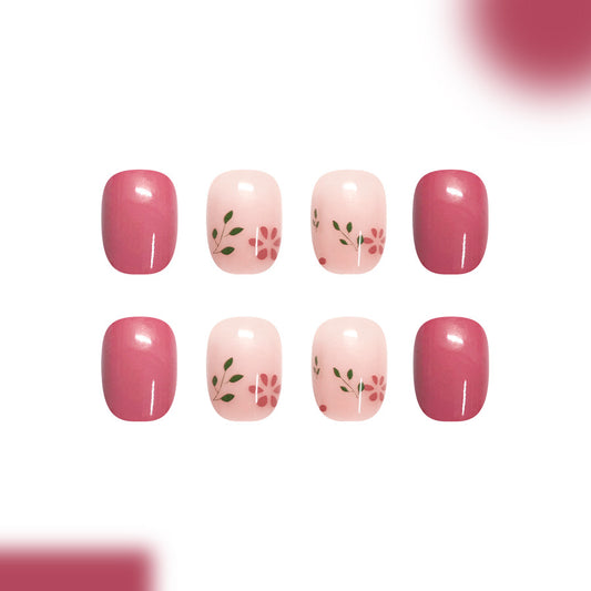 Floral Elegance Glossy Short Squoval Pink and Beige Press On Nail Set with Delicate Botanical Designs