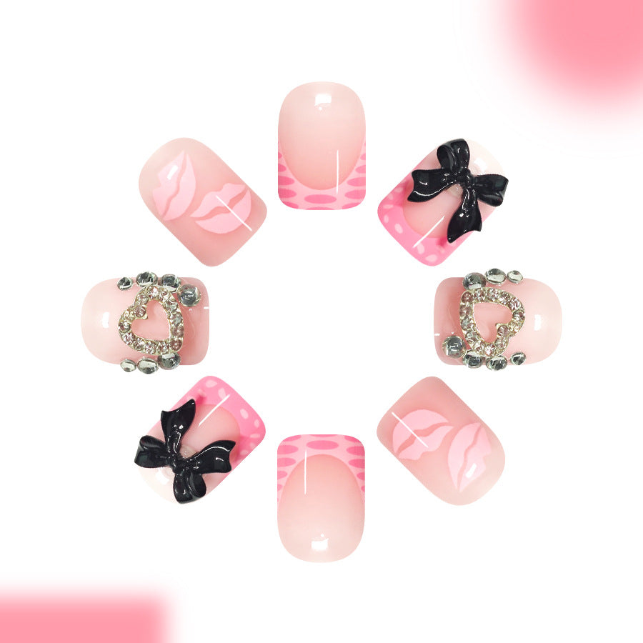 Chic Romance Short Square Pink Press On Nail Set with Heart and Bow Accents