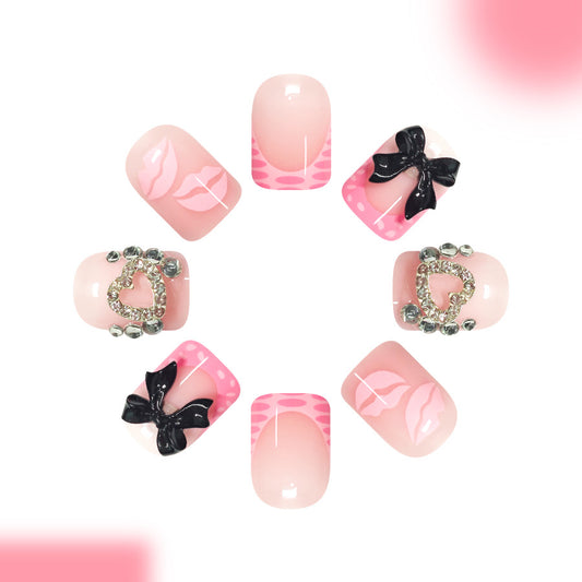 Chic Romance Short Square Pink Press On Nail Set with Heart and Bow Accents
