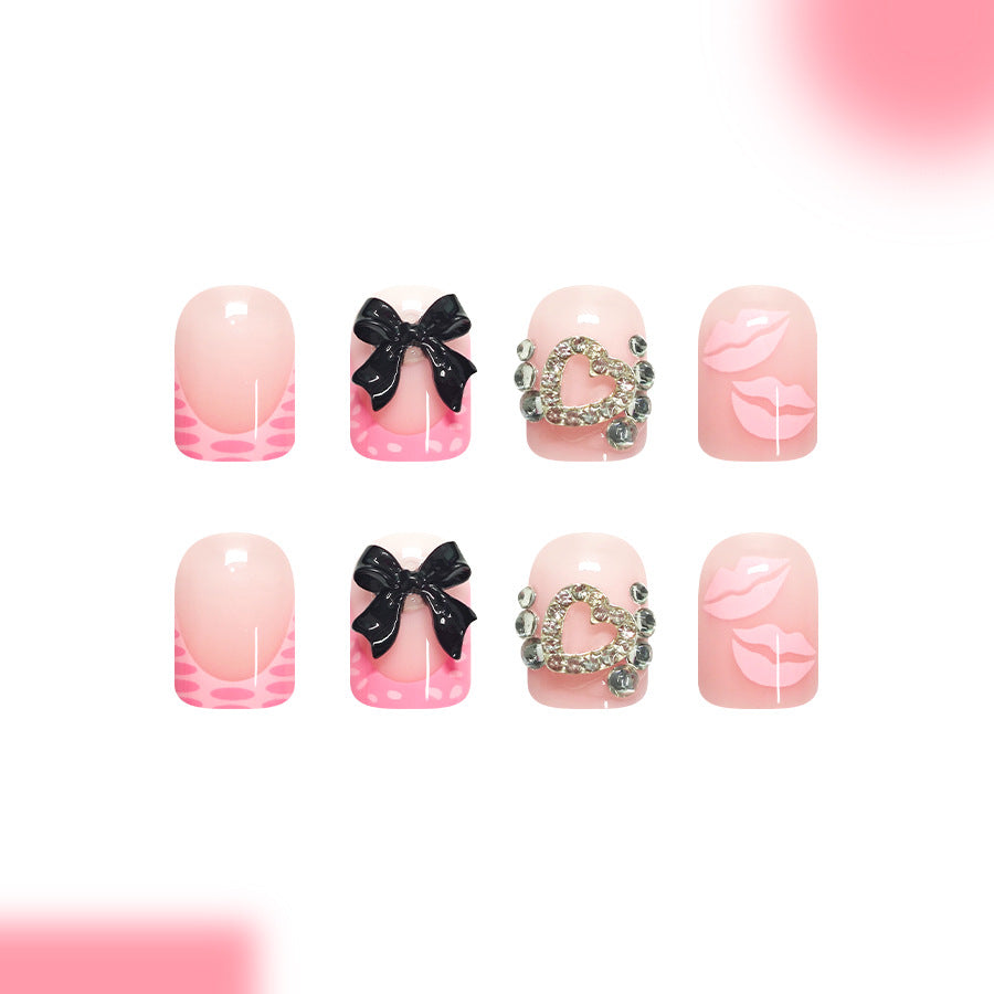 Charming Romance Short Square Pink Nails with Sparkling Heart and Bow Accents
