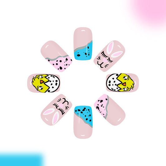 Whimsical Spring Vibe Short Square Pink with Adorable Easter Character Designs Press on Nail Set