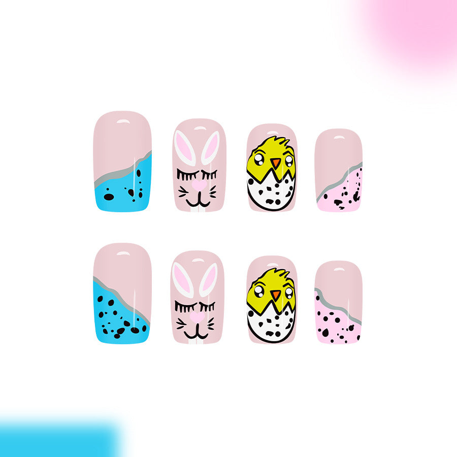 Springtime Fun Press-On Nail Set in Short Square Pink with Colorful Animal Illustrations and Playful Designs