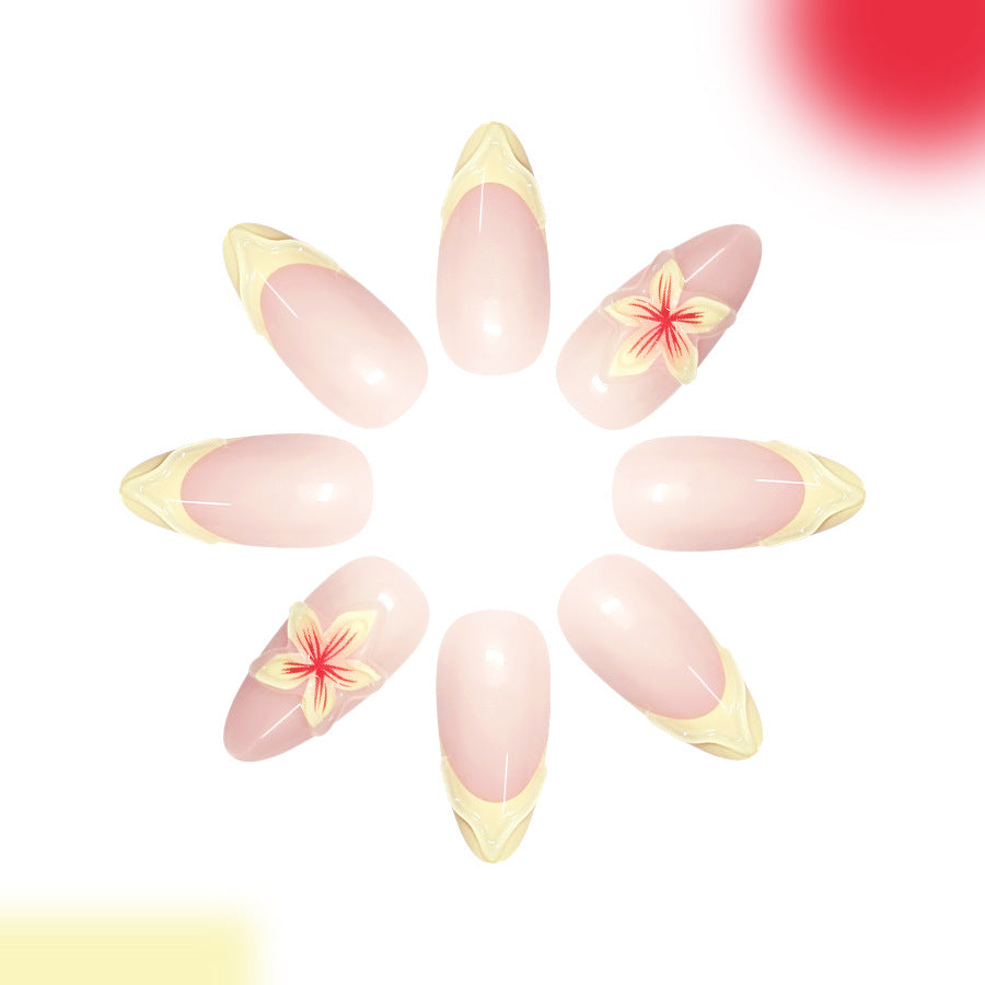 Floral Elegance Long Almond Pink Nails with Yellow Tips and Delicate Flower Design