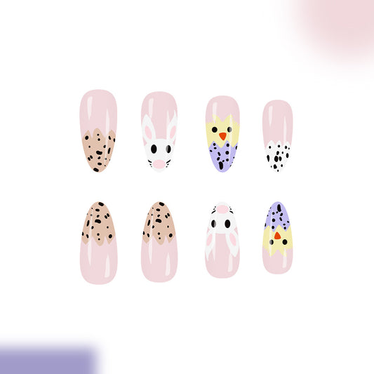 Whimsical Spring Delight Long Almond Pink with Bunny and Chick Design Press-On Nail Set