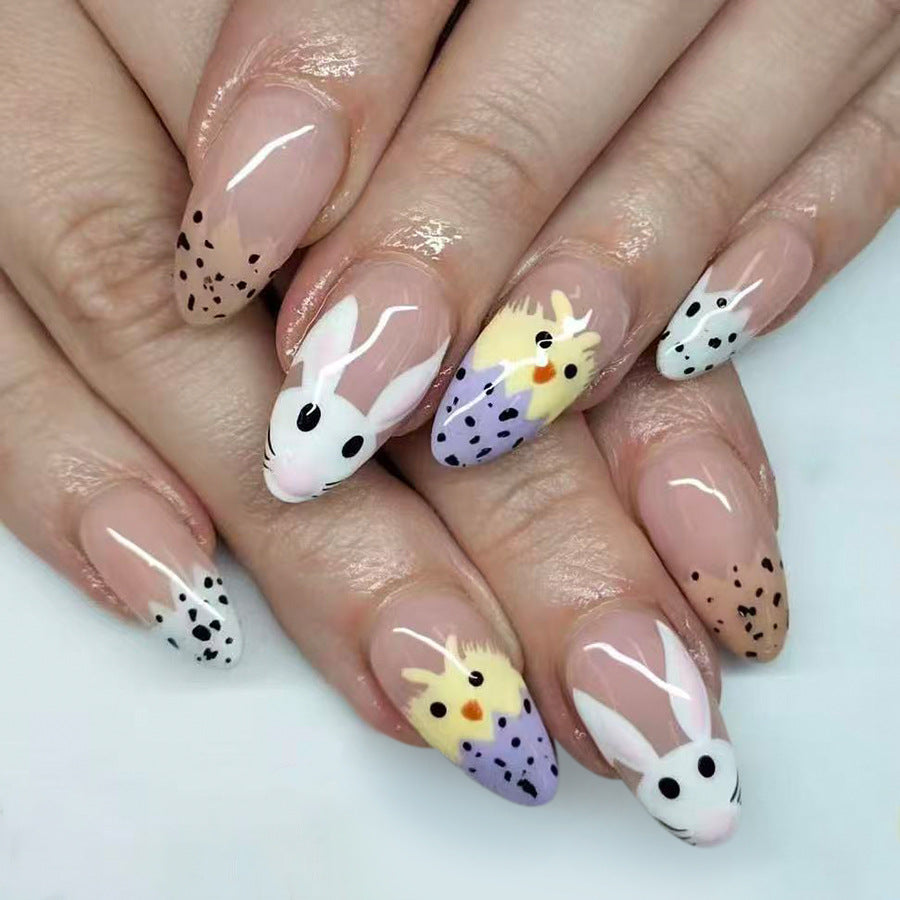 Whimsical Spring Charm Long Almond Pink With Adorable Bunny and Chick Design Press-On Nail Set