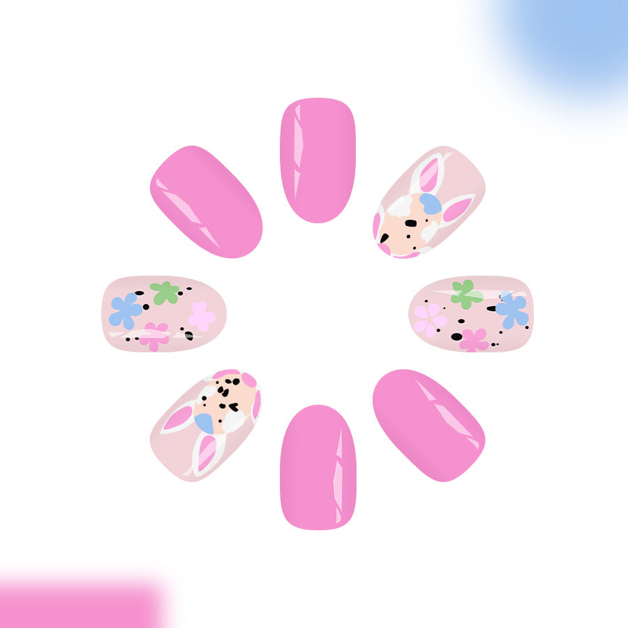 Bunny Wonderland Playful Pink Medium Oval Press On Nail Set with Whimsical Floral Designs