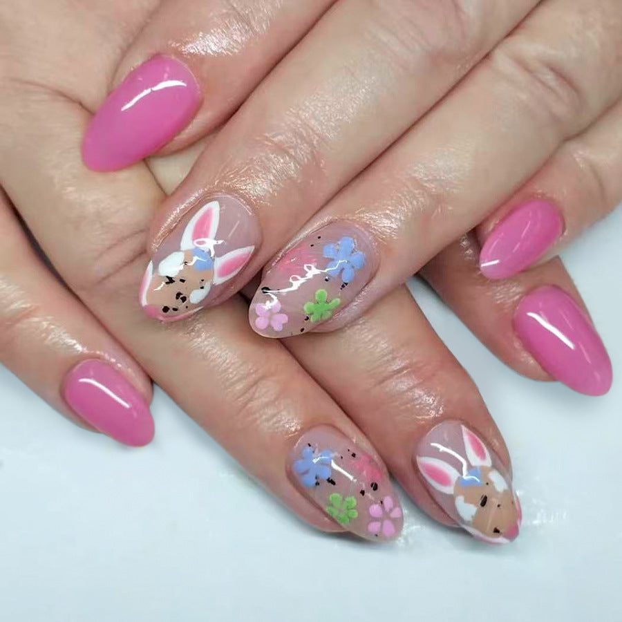 Springtime Delight Medium Oval Pink Nail Set with Floral Bunny Accents