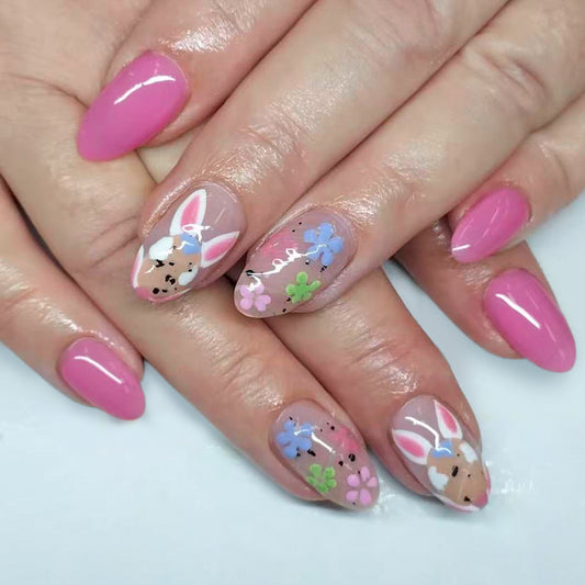 Springtime Delight Medium Oval Pink Nail Set with Floral Bunny Accents