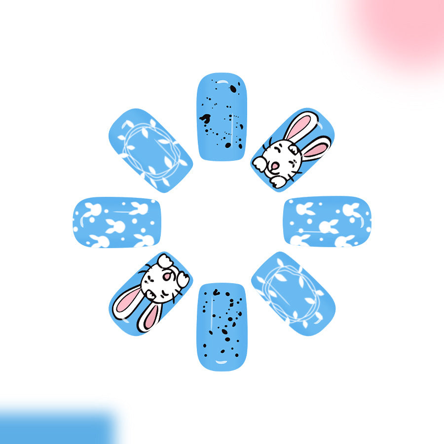 Springtime Whimsy Blue Medium Square Press On Nail Set with Cute Bunny Design and Floral Accents