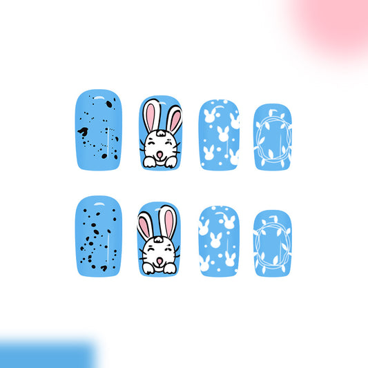 Charming Springtime Blue Press-On Nail Set in Medium Square Shape Featuring Playful Bunny Designs