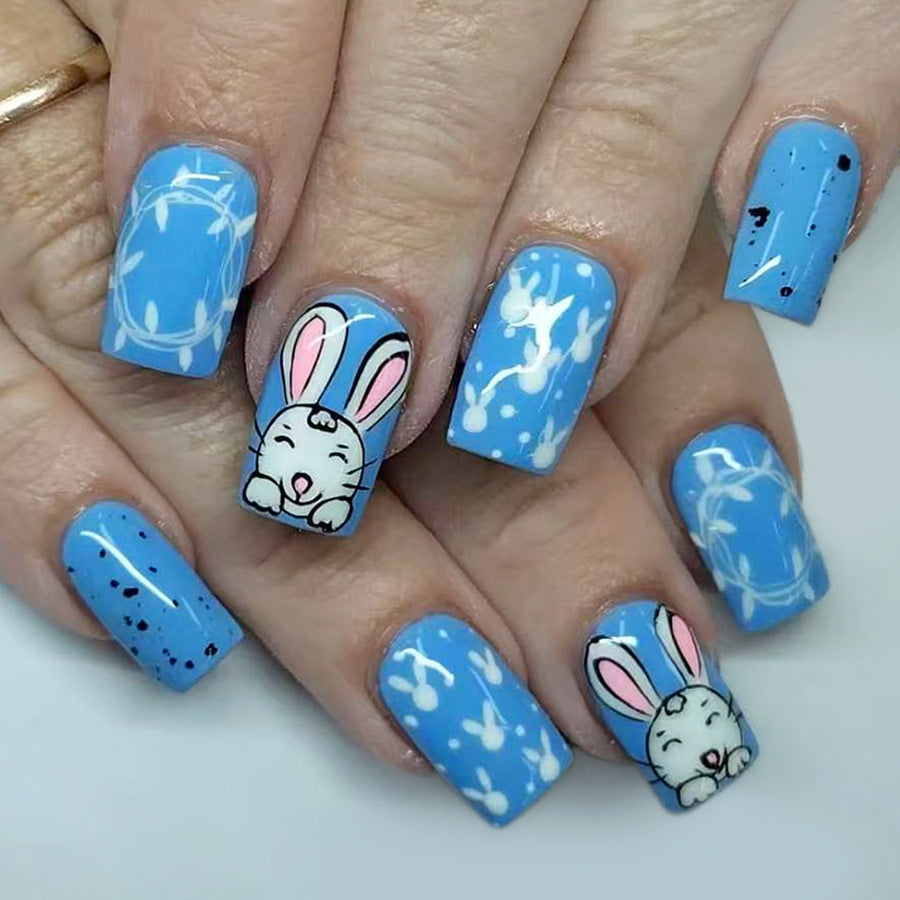 Whimsical Bunny Wonderland Medium Square Light Blue with Adorable Bunny Art Press On Nail Set