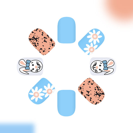 Spring Wonderland Charming Short Square Blue and Peach Nail Set with Whimsical Bunny and Floral Design