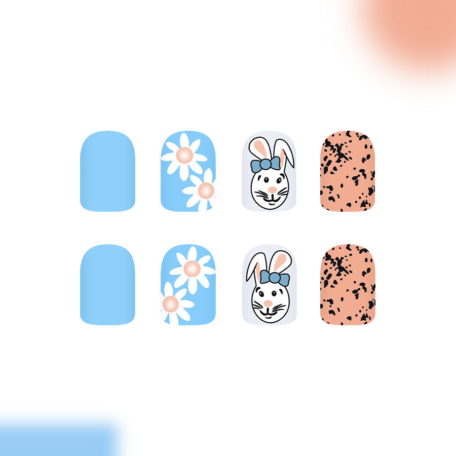 Springtime Delight Cozy Blue Short Square Floral and Bunny Press On Nail Set with Unique Speckled Accent
