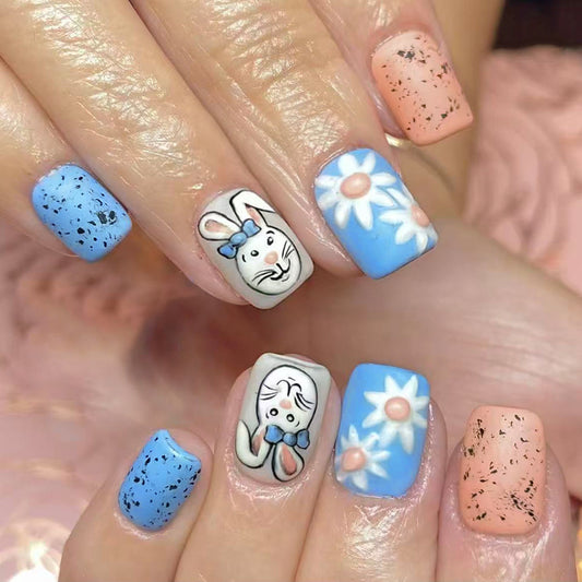 Whimsical Spring Bliss Short Square Blue Pastel and Peach with Charming Bunny and Flower Designs Press On Nail Set