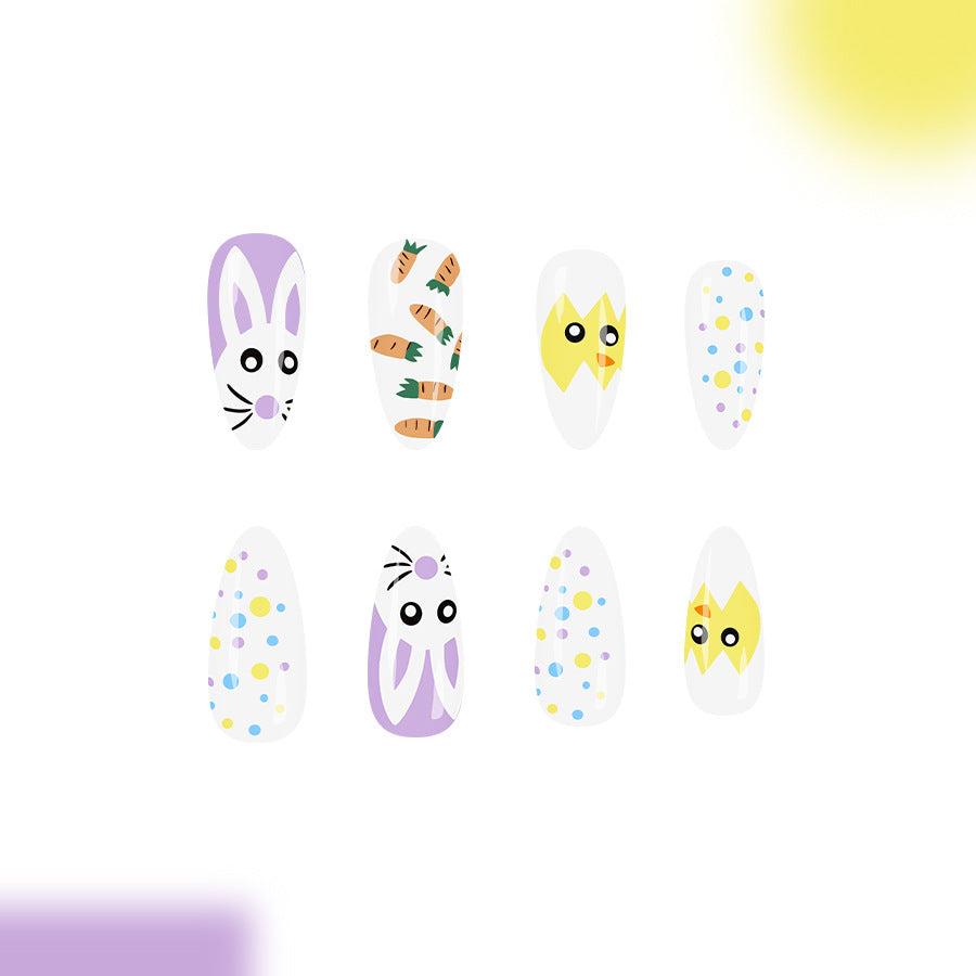 Springtime Whimsy Long Almond Shaped Lavender and White Press On Nail Set with Adorable Bunny and Chick Designs