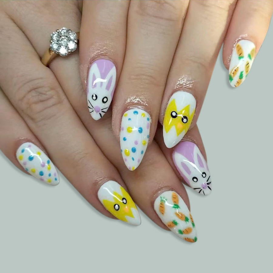 Easter Wonderland Long Almond White with Colorful Bunny and Egg Designs Press on Nail Set