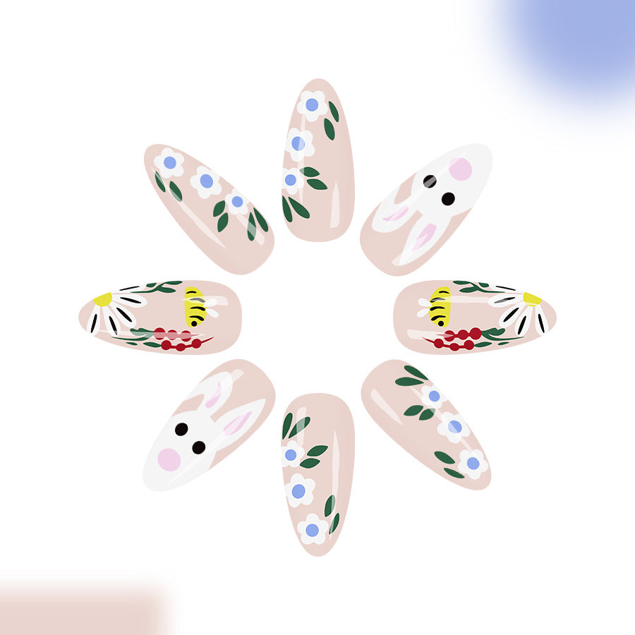 Whimsical Garden Press On Nail Set Long Almond Light Pink Floral and Bunny Design